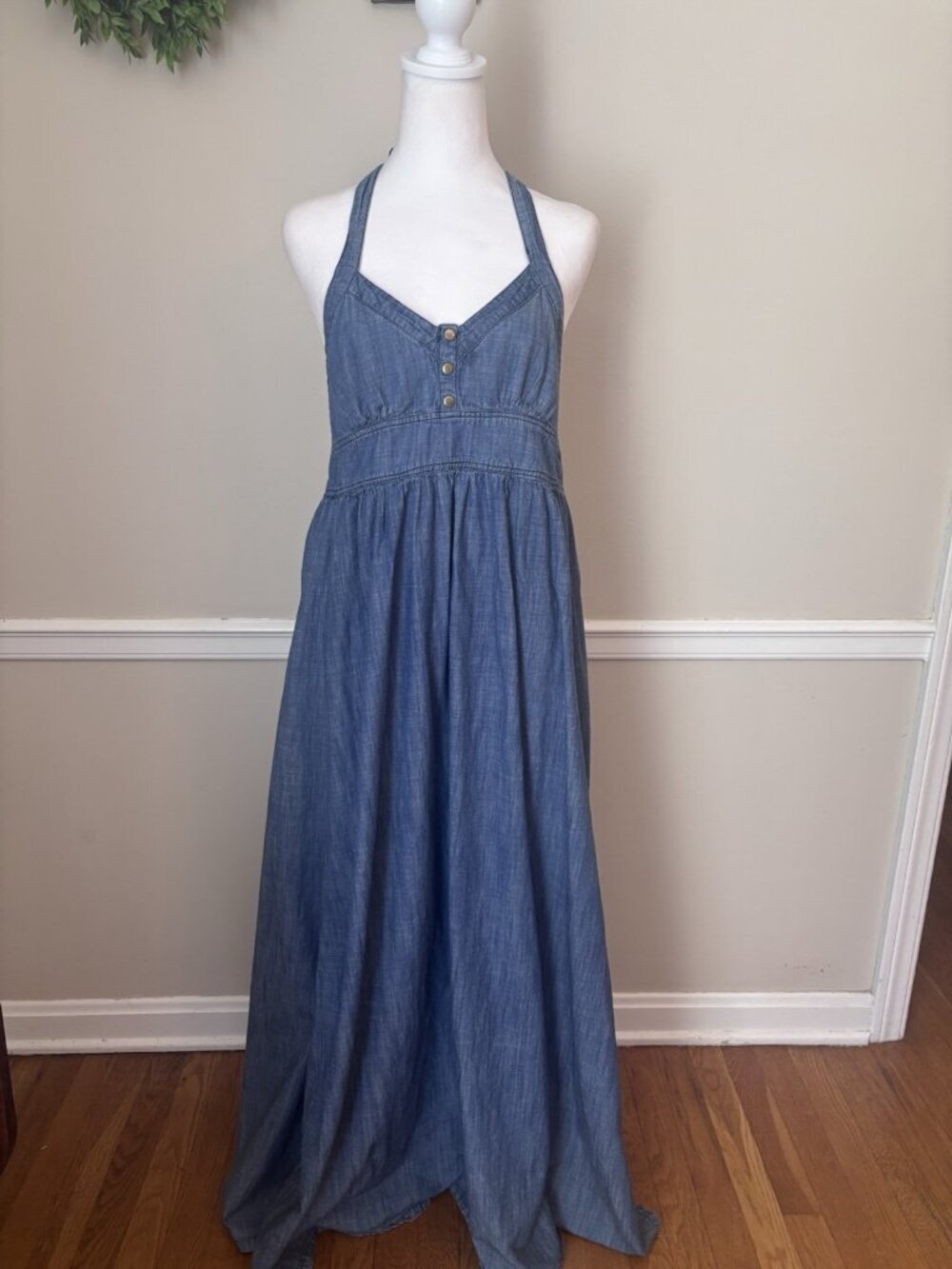 Arden B Womens Size S Chambray Halter Maxi Dress Open Back Sleeveless